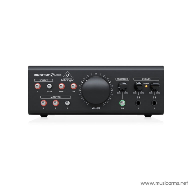 Front panel of a Behringer Monitor2 USB audio interface with large central volume knob and multiple input/output controls, black metal chassis. ขายราคาพิเศษ