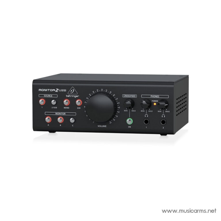 Front view of a Behringer Monitor2USB USB audio interface, featuring a large central volume knob and multiple input/output controls on the black front panel. ขายราคาพิเศษ