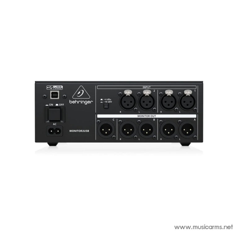 Rear view of a Behringer USB audio interface with multiple XLR inputs and monitor outputs (Monitor2USB). The back panel shows power switch, AC input, and several labeled input/output connectors. ขายราคาพิเศษ