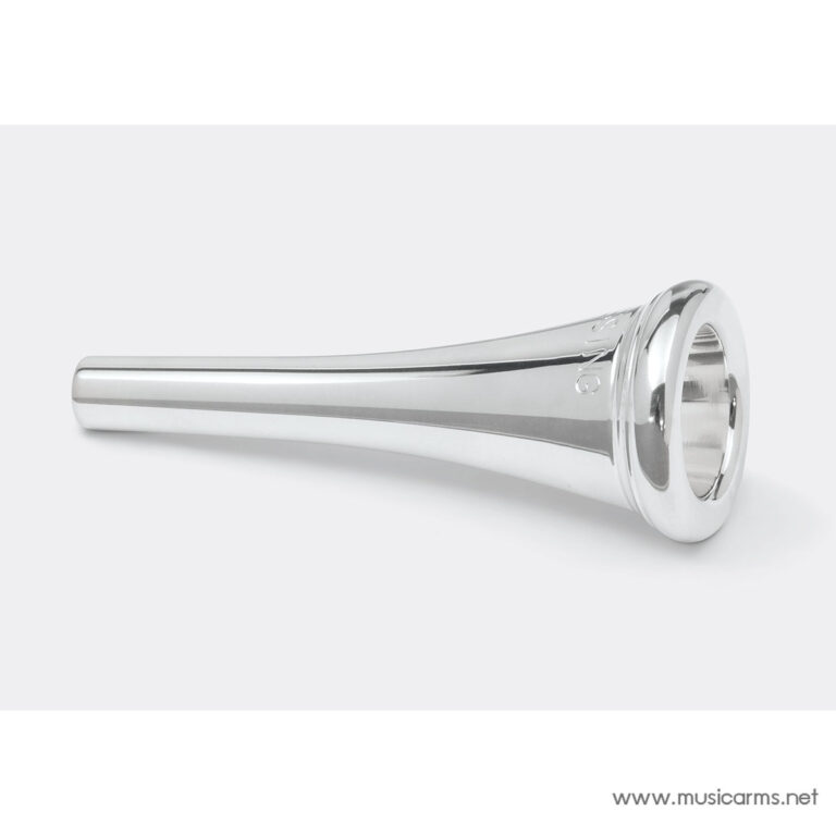 Silver trumpet mouthpiece lying on a light gray background with a flared rim edge visible near the right side. ขายราคาพิเศษ