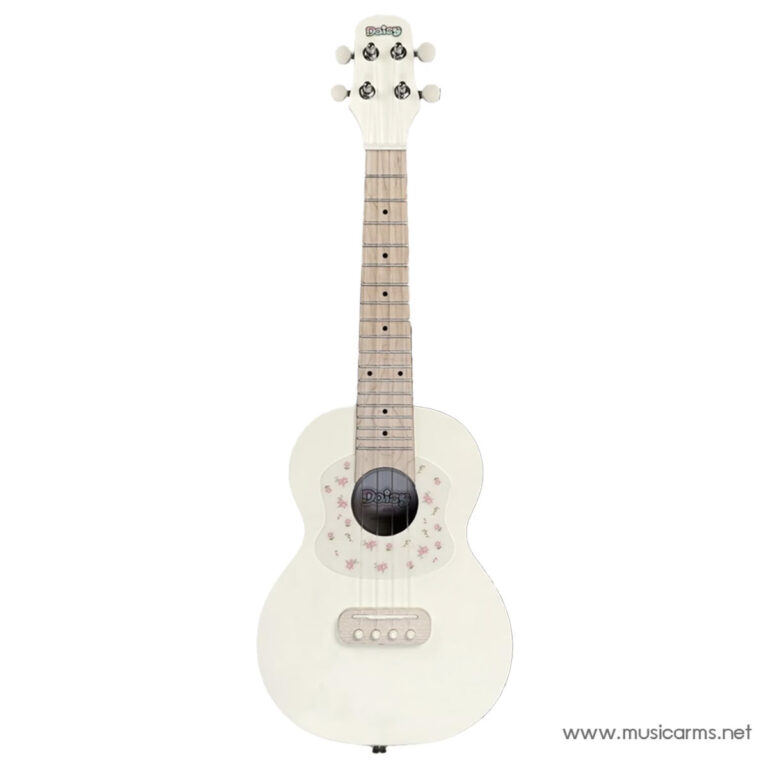 Cream-colored acoustic guitar with a floral rosette around the soundhole and light wood neck, six strings, full-body view. ขายราคาพิเศษ