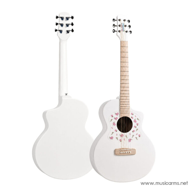 Two white acoustic guitars shown from front and back against a white background, one with a floral pickguard pattern on the front. ขายราคาพิเศษ