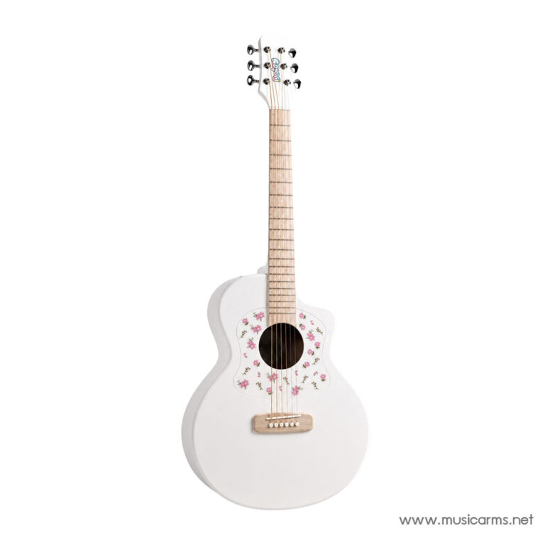 White acoustic guitar with a pink floral design around the soundhole and a light wood neck on a white background. ขายราคาพิเศษ
