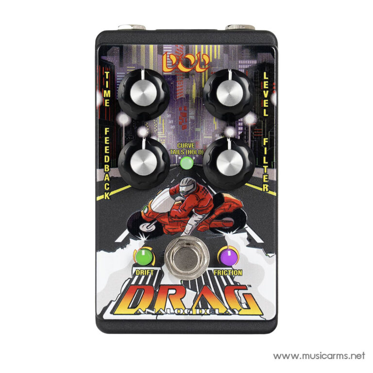 Four-knob guitar effects pedal with racing moto artwork and DRIFT/FRICTION labels, metallic footswitch in center, artistically designed backplate. ขายราคาพิเศษ