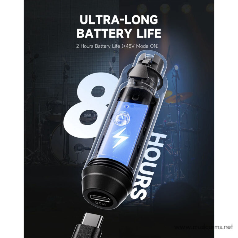 Ad for a high-capacity battery device showing a transparent charger with a blue battery cell and a USB-C cable, on a stage background. ขายราคาพิเศษ