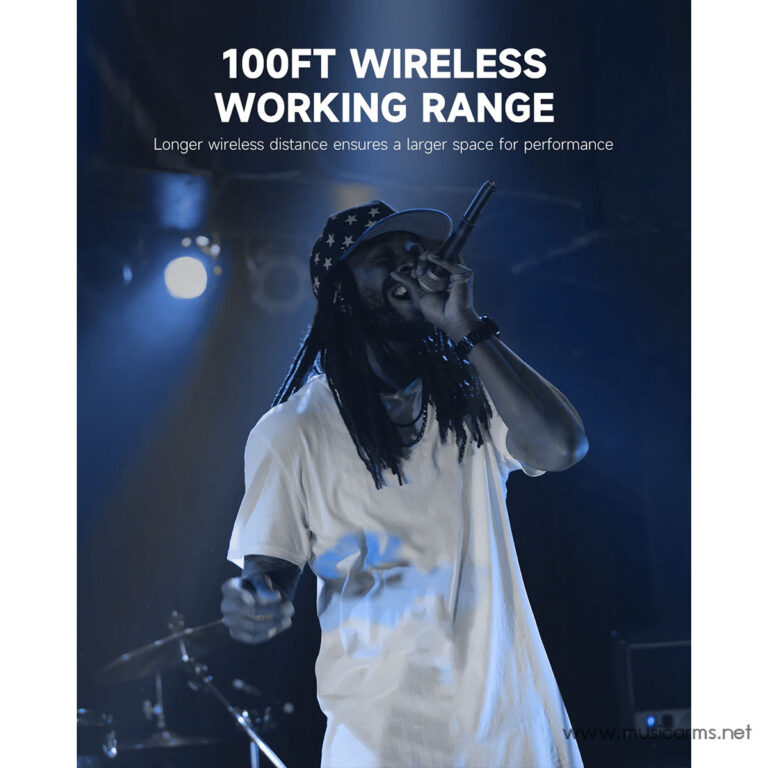 Singer on stage with a microphone under blue lights; banner text reads '100FT WIRELESS WORKING RANGE' at the top. ขายราคาพิเศษ