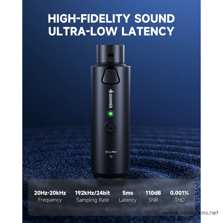 Black wireless audio transmitter with a green LED, set against a blue background. Text highlights high-fidelity sound and ultra-low latency, with specs: 20 Hz–20 kHz, 192 kHz/24 bit, 5 ms latency, 110 dB SNR, 0.001% THD. ขายราคาพิเศษ