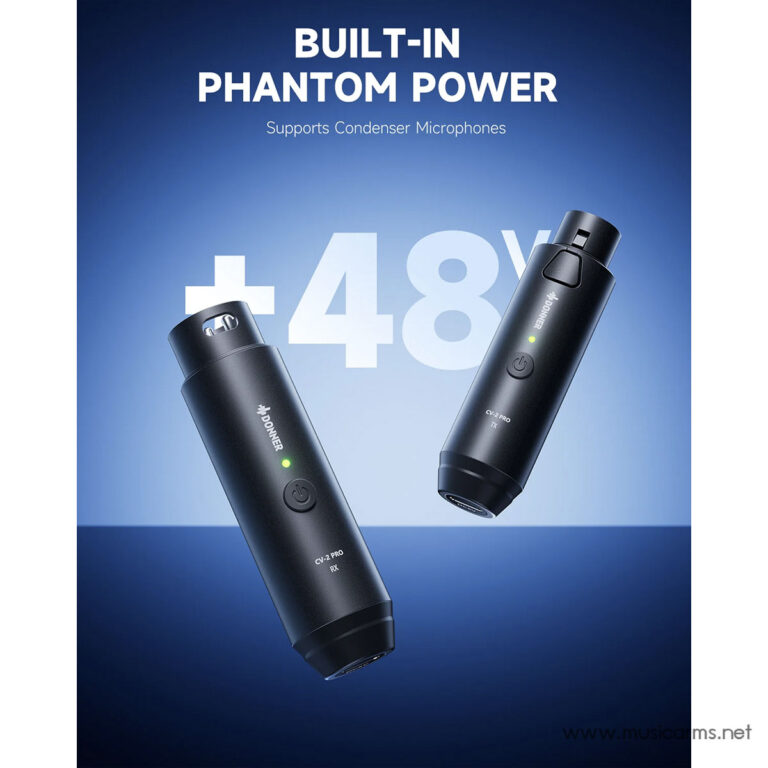 Two black wireless microphone transmitters float against a blue gradient backdrop with +48V and 'Built-in Phantom Power' text at the top. ขายราคาพิเศษ