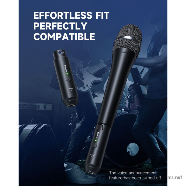 Promotional image of two black wireless microphones on a dark blue concert stage backdrop, highlighting compatibility and effortless fit. ขายราคาพิเศษ