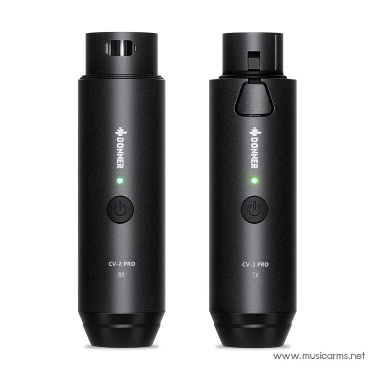 Two black Donner CV-2 Pro wireless transmitter and receiver units with green status LEDs. ขายราคาพิเศษ