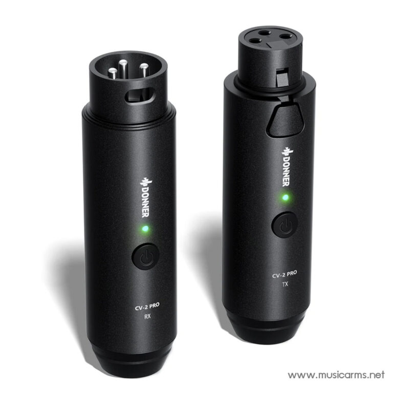 Pair of black wireless microphone transmitter and receiver (Donner CV-2 Pro TX/RX) with green power LEDs and round power buttons on each. ขายราคาพิเศษ