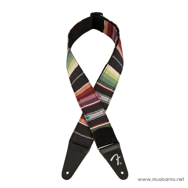 Colorful striped guitar strap with black leather ends and mounting holes for attaching to a guitar ขายราคาพิเศษ