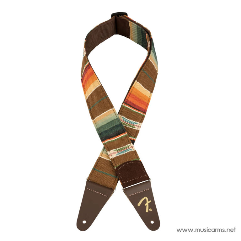 Colorful striped guitar strap with brown leather ends and metal adjustment tab. ขายราคาพิเศษ