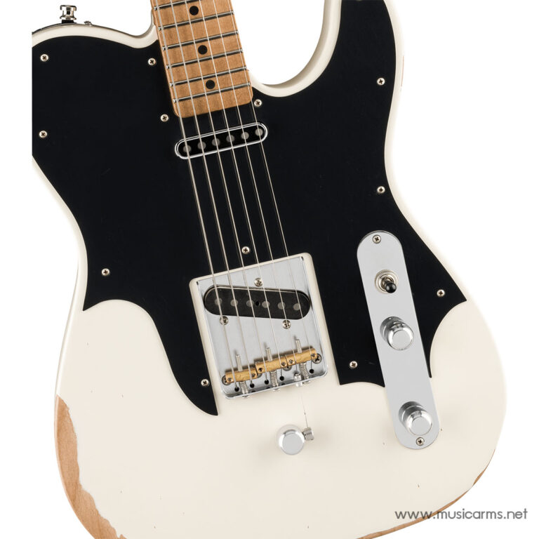 Electric guitar body with a black pickguard, white finish, and maple neck visible; chrome bridge and control plate with two knobs and a switch. ขายราคาพิเศษ