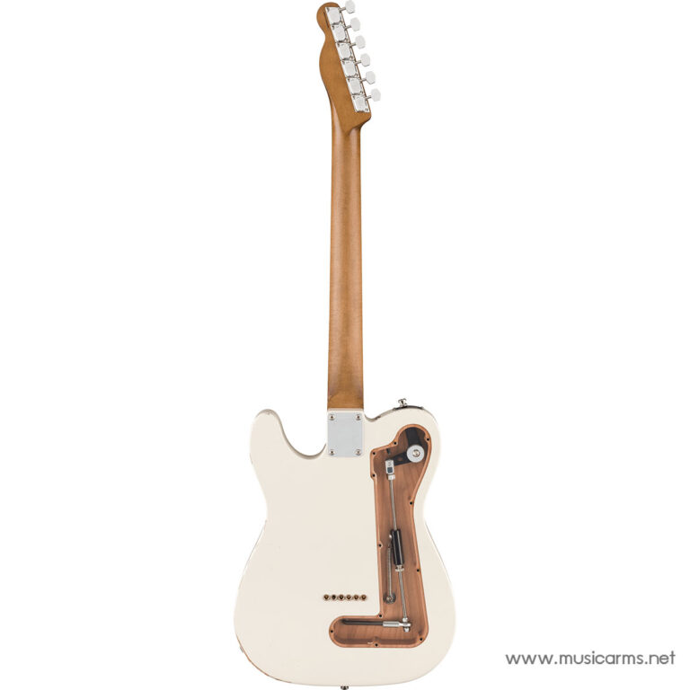 White electric guitar shown from back with neck and hollowed back cavity exposing the tremolo system and wiring panel for servicing ขายราคาพิเศษ