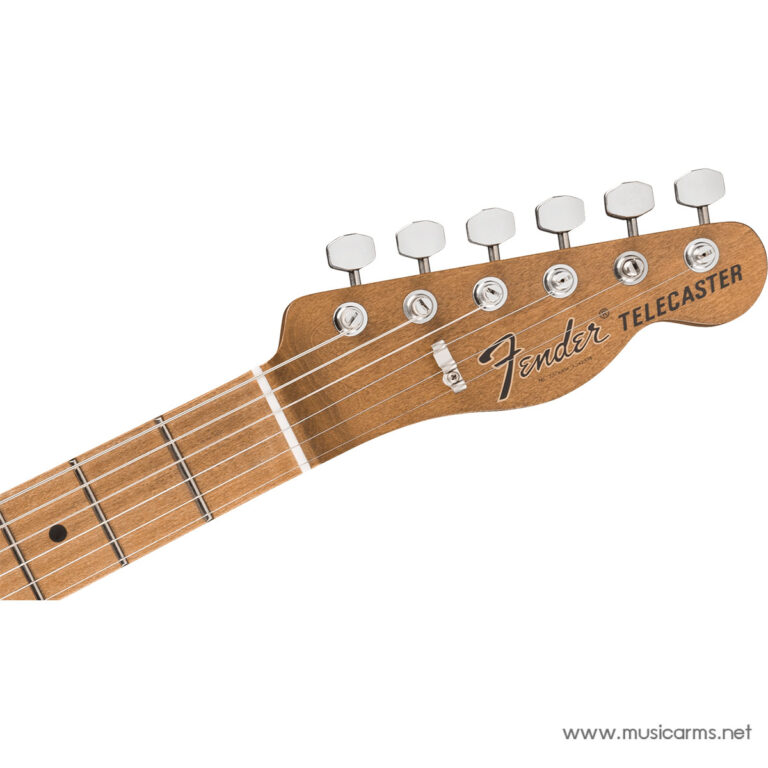 Close-up of a Fender Telecaster guitar headstock with six chrome tuners and strings ขายราคาพิเศษ