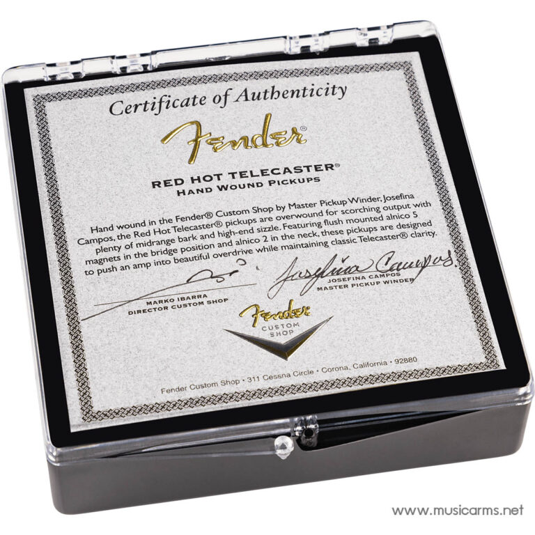 Certificate of Authenticity for Fender Red Hot Telecaster hand-wound pickups, shown in a display case with signatures and Fender logo ขายราคาพิเศษ