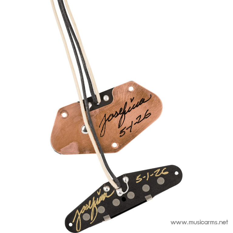Two vintage-style guitar pickup covers (copper and black) with handwritten signatures and strings, photographed against a white background. ขายราคาพิเศษ