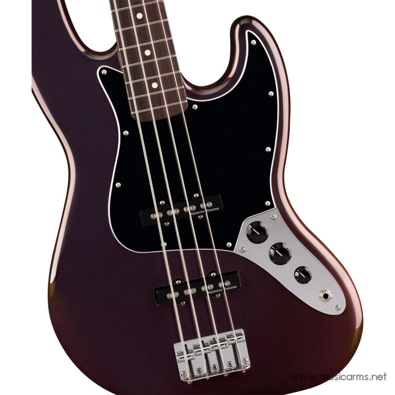 Purple bass guitar with a black pickguard and chrome hardware, shown in a close-up view. ขายราคาพิเศษ