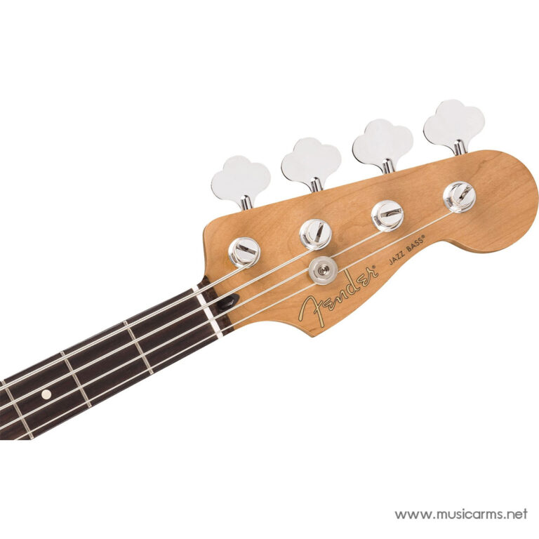 Close-up of a Fender Jazz Bass headstock with four chrome tuners and strings visible ขายราคาพิเศษ
