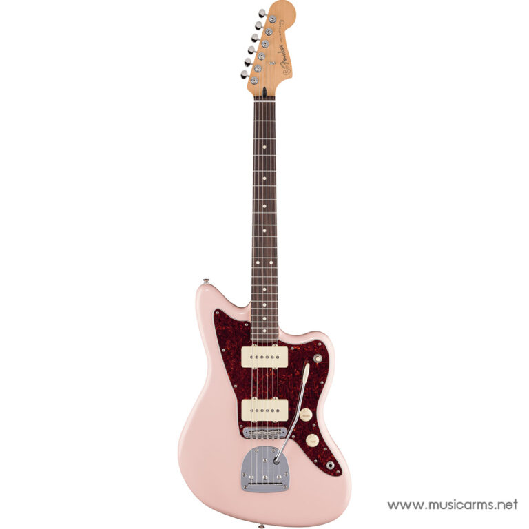 Pink Fender-style electric guitar with a dark red tortoiseshell pickguard and two cream pickups on a white background. ขายราคาพิเศษ