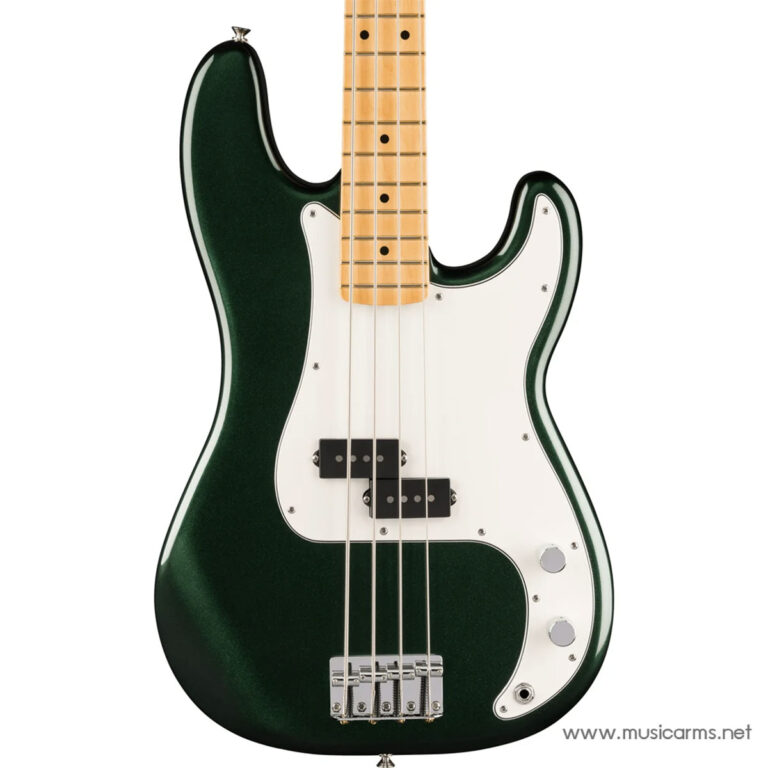 Green electric bass guitar with a maple neck and white pickguard, close-up view against a white background, body angled to show pickups and bridge. ขายราคาพิเศษ