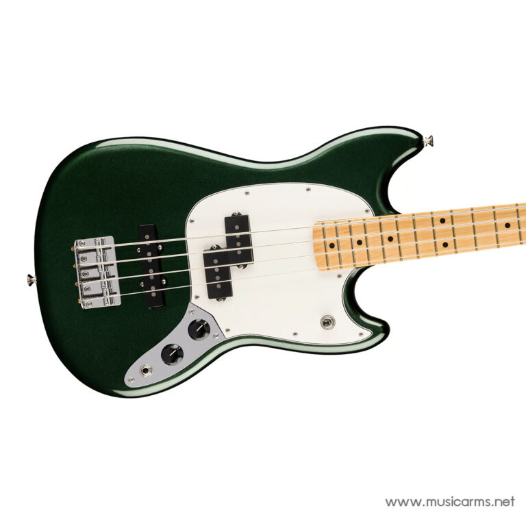 Green electric bass guitar with white pickguard and maple neck, photographed from the side. ขายราคาพิเศษ