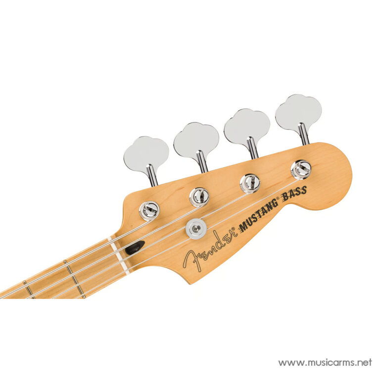 Close-up of a Fender Mustang Bass headstock with four tuning pegs and strings visible ขายราคาพิเศษ