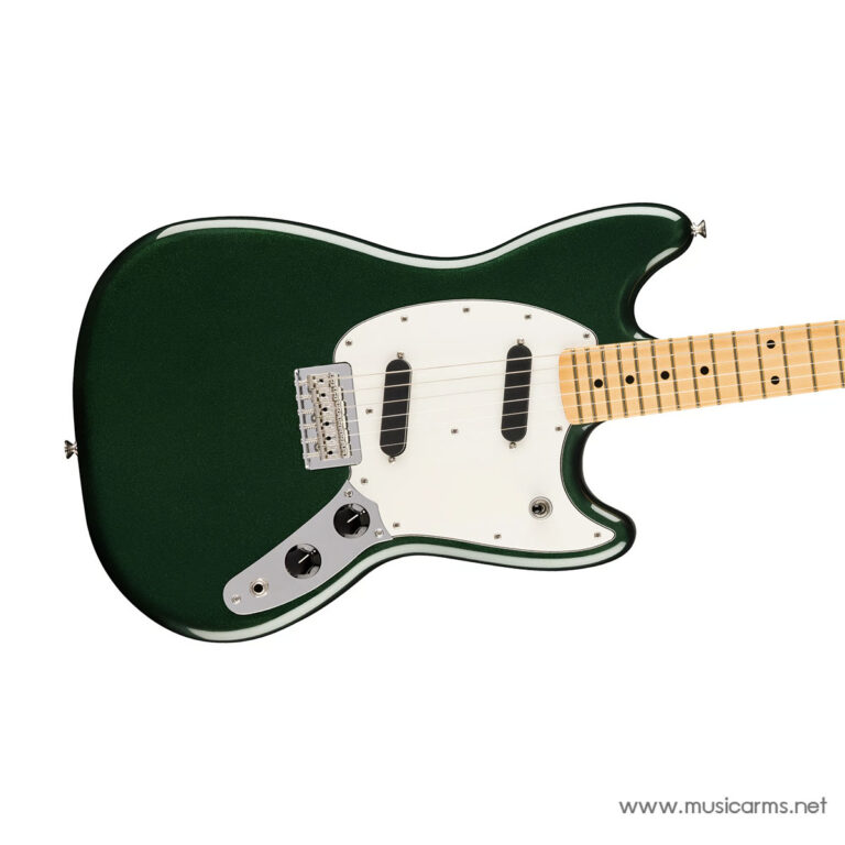 Green solid-body electric guitar with a white pickguard and maple neck, shown in side-angle view. ขายราคาพิเศษ
