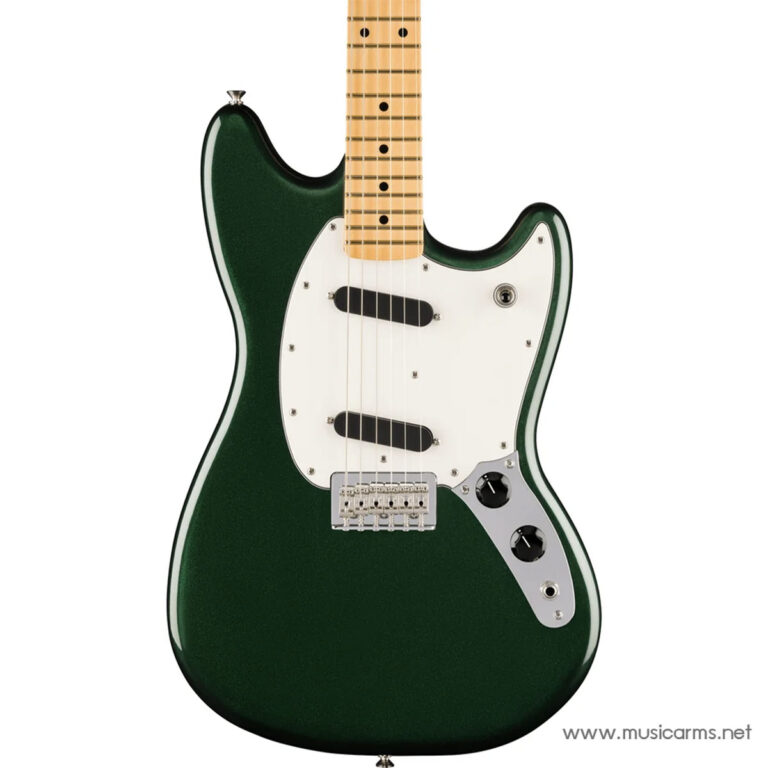 Green solid-body electric guitar with white pickguard and maple neck against a white background. ขายราคาพิเศษ
