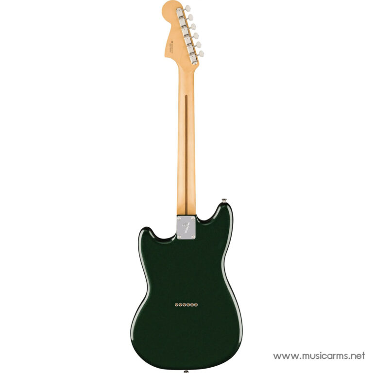 Rear view of a green solid-body electric guitar with a natural wood neck and headstock, chrome tuners, and a neck plate; watermark www.musicarms.net. ขายราคาพิเศษ