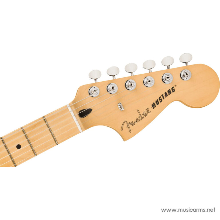 Close-up of a Fender guitar headstock with six chrome tuning pegs on a natural wood neck. ขายราคาพิเศษ