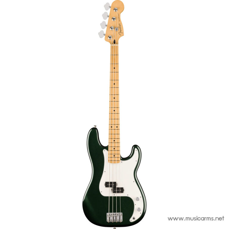 Green Fender-style electric bass guitar with a maple neck and white pickguard, photographed upright against a white background. ขายราคาพิเศษ