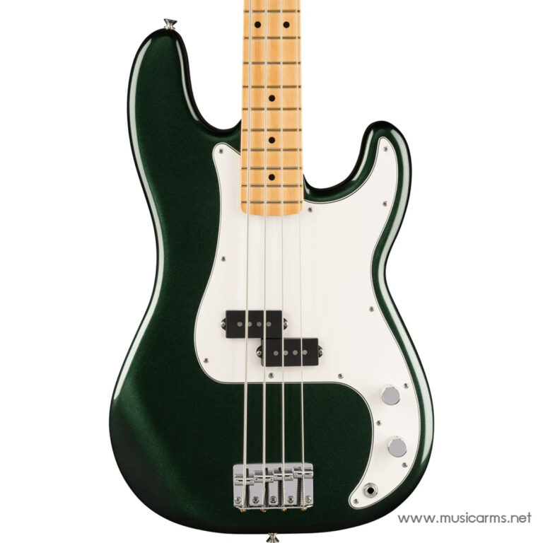 Green electric bass guitar with a maple neck, white pickguard, and chrome bridge—four strings visible in a glossy finish ขายราคาพิเศษ