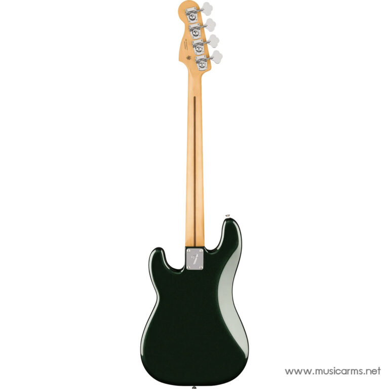 Rear view of a dark green electric bass guitar with a maple neck and headstock, showing tuners and back plate ขายราคาพิเศษ