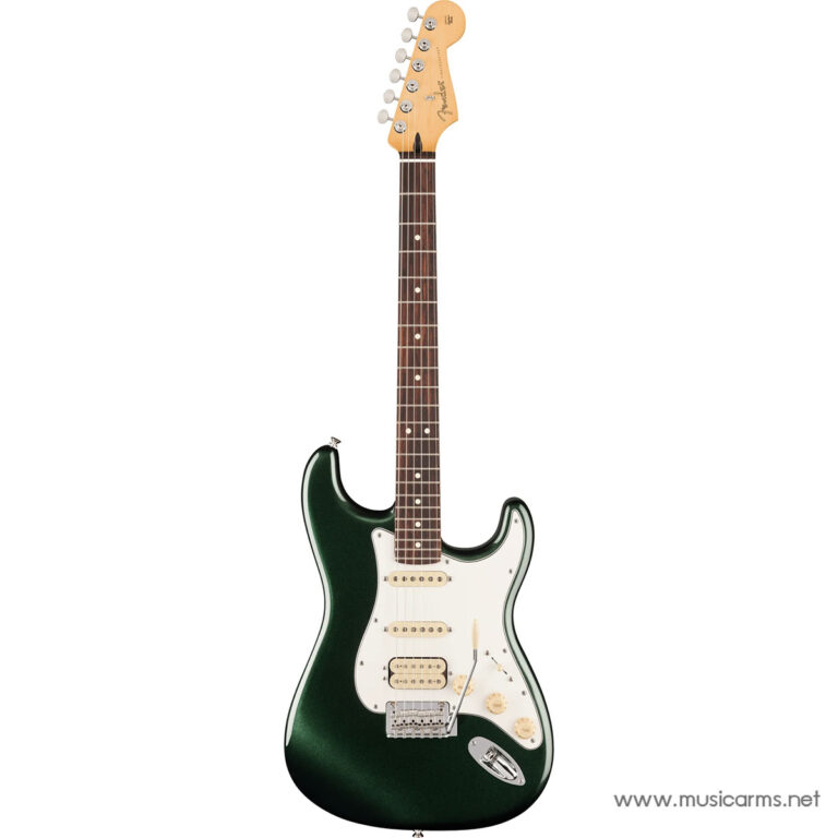 Green Fender Stratocaster electric guitar with white pickguard and three pickups on a white background, headstock visible ขายราคาพิเศษ