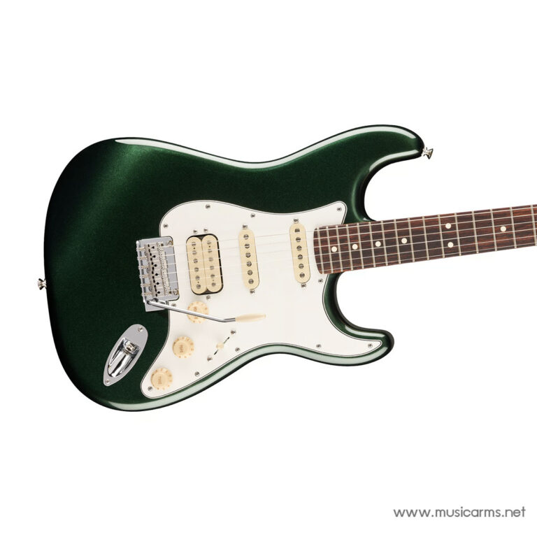 Green solid-body electric guitar with a white pickguard and three cream-colored pickups on a white background ขายราคาพิเศษ