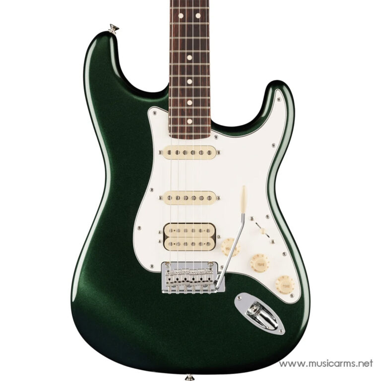 Green metallic electric guitar with a white pickguard and three pickups, shown from a front angle. ขายราคาพิเศษ