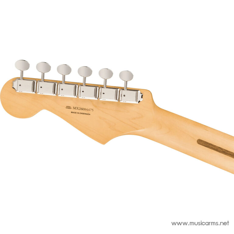 Back of a guitar headstock with six chrome tuning pegs and light wood finish, showing serial number and 'Made in Ensenada' text on the neck ขายราคาพิเศษ