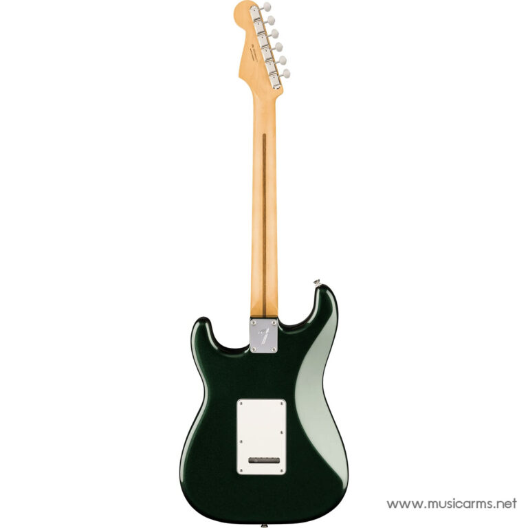 Back view of a dark green solid-body electric guitar with a maple neck and chrome neck plate on a white background. ขายราคาพิเศษ