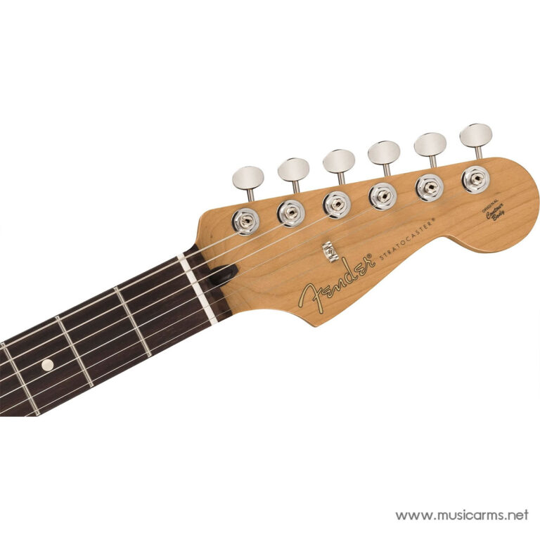 Fender Stratocaster guitar headstock with six chrome tuning pegs and part of the fretboard visible ขายราคาพิเศษ