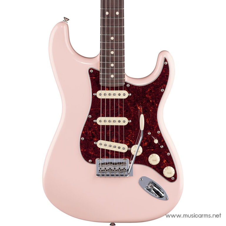 Pink Stratocaster-style electric guitar with a red tortoiseshell pickguard, three single-coil pickups, a tremolo bridge, and white control knobs. ขายราคาพิเศษ