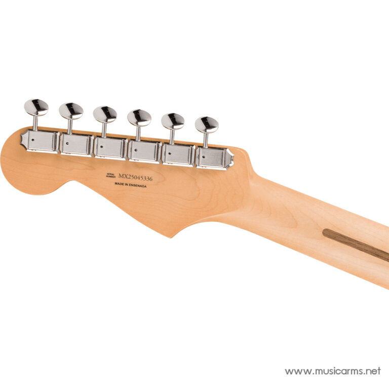 Close-up of a light wood guitar headstock with six chrome tuning pegs along the side of the neck. ขายราคาพิเศษ