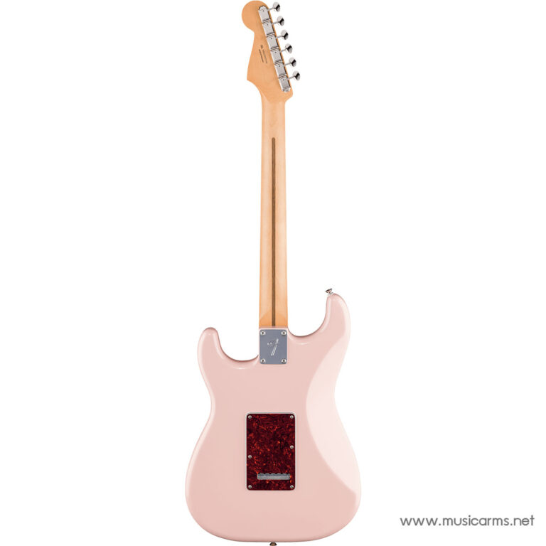 Back view of a pastel pink Stratocaster-style electric guitar with a maple neck and chrome hardware on a white background ขายราคาพิเศษ