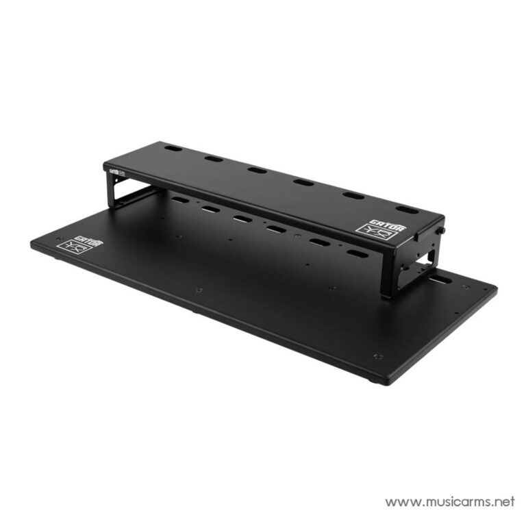 Two-tier black metal pedal rack mounted on a baseboard, with multiple circular holes for pedal placement (music gear). ขายราคาพิเศษ