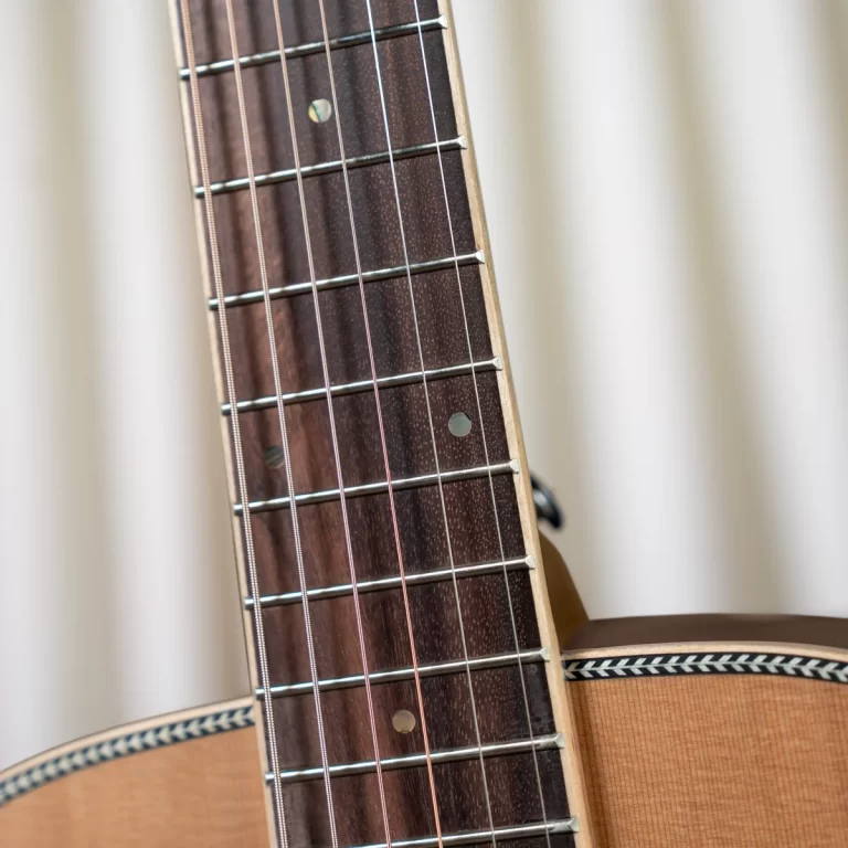 Close-up of a guitar neck showing frets and strings on dark wood fingerboard ขายราคาพิเศษ