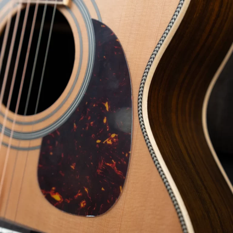 Close-up of an acoustic guitar body showing the soundhole, light wood top, tortoiseshell pickguard, and dark wood binding edge. ขายราคาพิเศษ