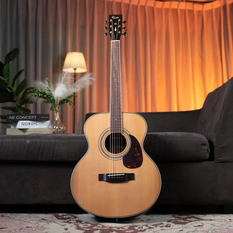 Natural wood acoustic guitar standing upright in a living room in front of a brown sofa, with a lamp and plants in the background. ขายราคาพิเศษ