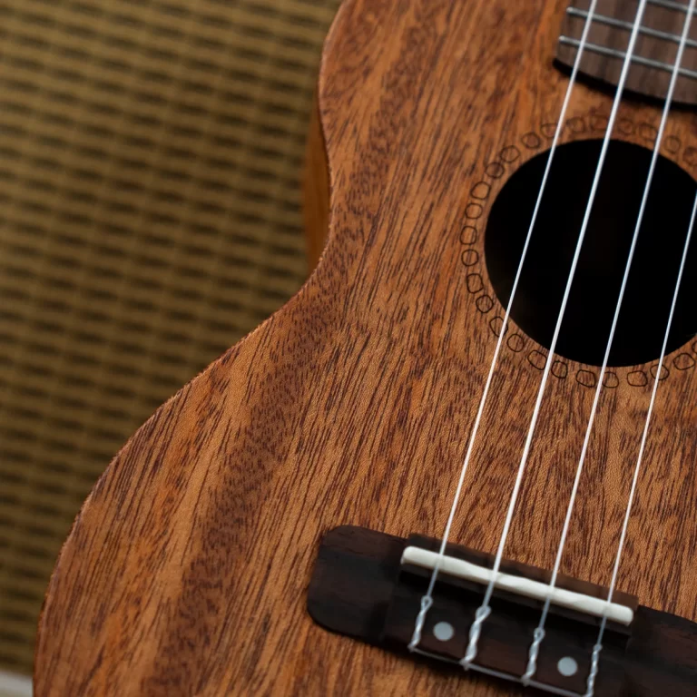 Close-up of a wooden acoustic guitar showing the sound hole, strings, and bridge with visible grain patterns. ขายราคาพิเศษ