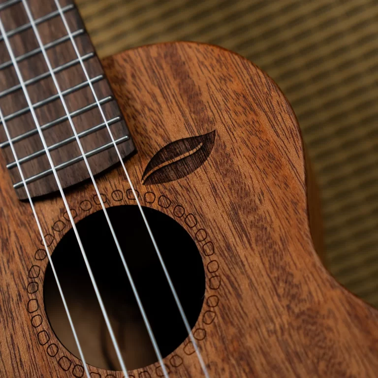 Close-up of a wooden acoustic guitar body showing the soundhole, rosette rings, and strings. ขายราคาพิเศษ